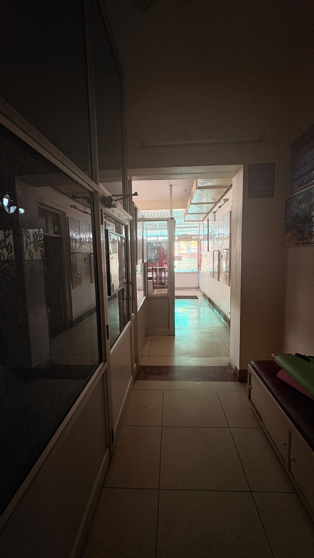 Dim corridor with etched-glass partitions leading towards a sunlit verandah